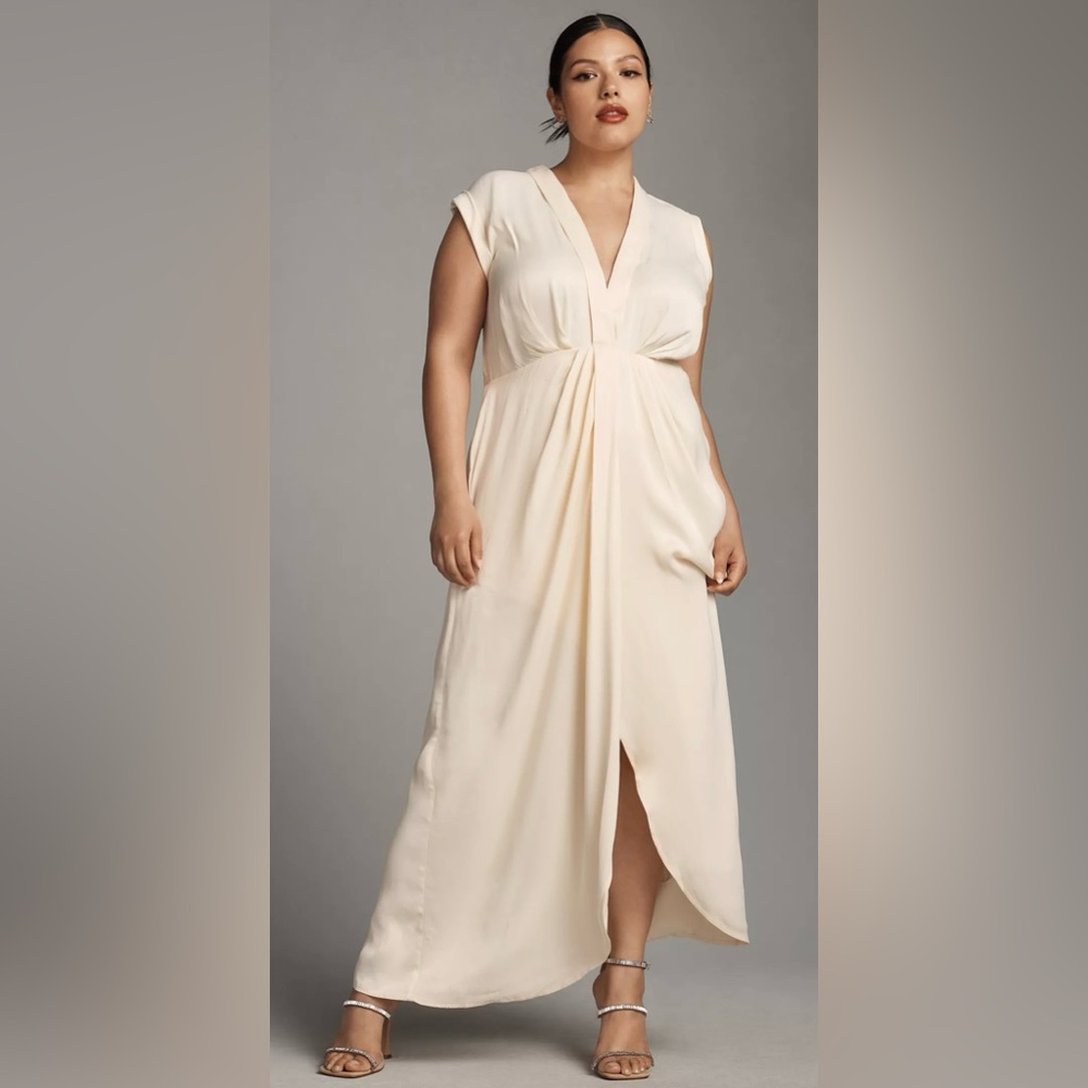 - Anthropologie sleeveless v neck twist front satin dress